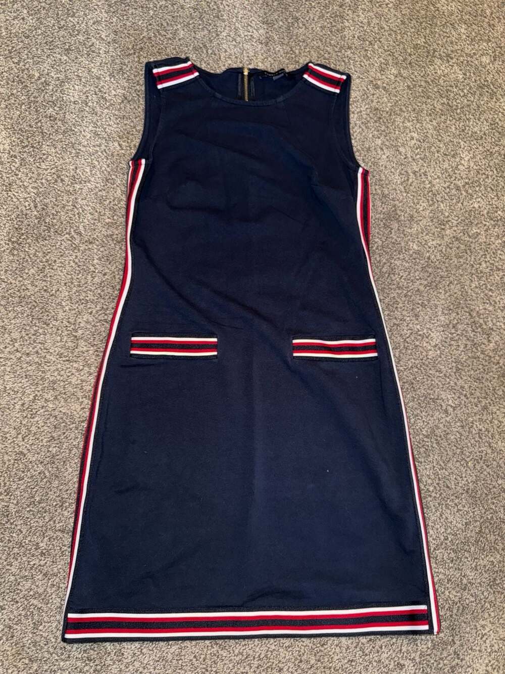 Tommy Hilfiger Sleeveless Dress Size 2 Navy Blue Striped Pockets